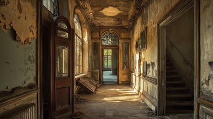 Sunlit Hallway in a Decaying Mansion