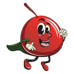 Cute red cherry fruit vektor illustration mascot character as flying superhero wearing a robe, work of hand drawn