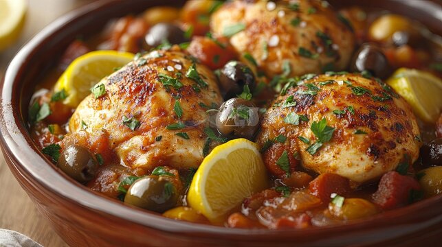 A classic Moroccan chicken tagine prepared with olives and preserved lemons, captured in selective focus