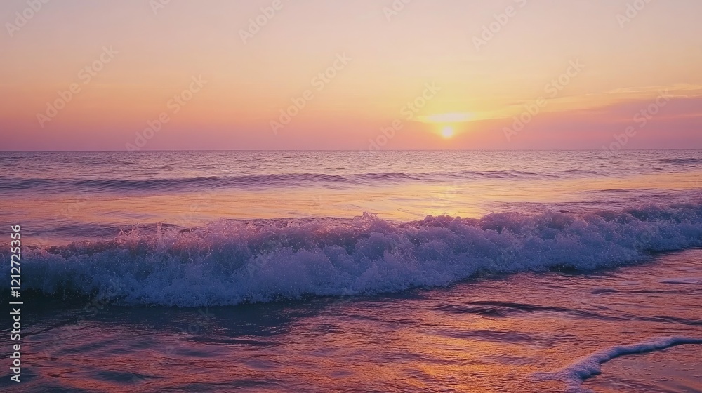 Poster serene ocean sunset with gentle waves and soft pink hues reflecting on a calm water surface in a tra
