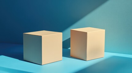 Fototapeta premium Contemporary beige cardboard boxes positioned on a vibrant blue backdrop with soft lighting for a modern delivery concept.