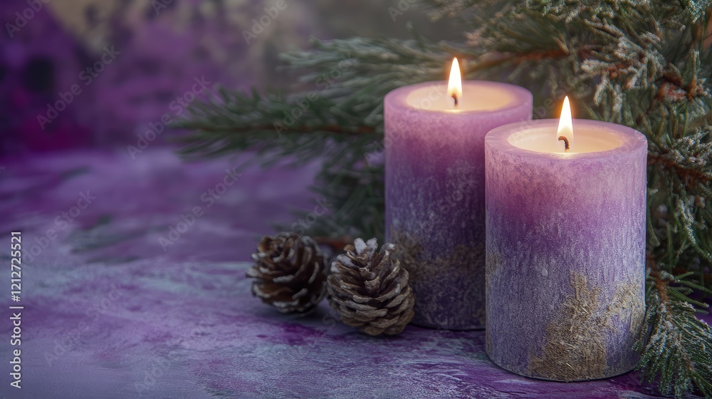Poster two purple candles flickering beside frosted pine twigs and pinecones on a textured purple backgroun