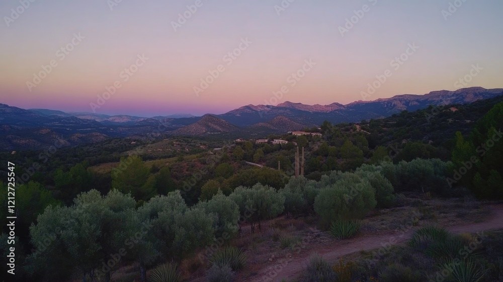 Aufkleber twilight hues over serene mountain range with lush greenery in the foreground and a gentle fade of c