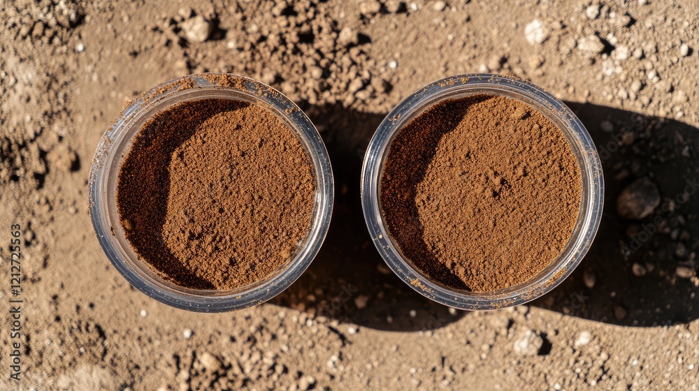 Poster top view of two transparent containers filled with coarsely ground brown coffee on a textured earthy