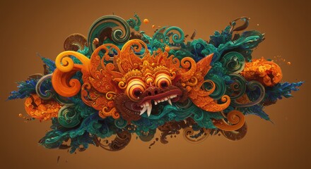 Barong Mask Digital Art: A vibrant, 3D-rendered Barong mask, a symbol of good in Balinese mythology, is intricately detailed with swirling patterns and rich, earthy tones.
