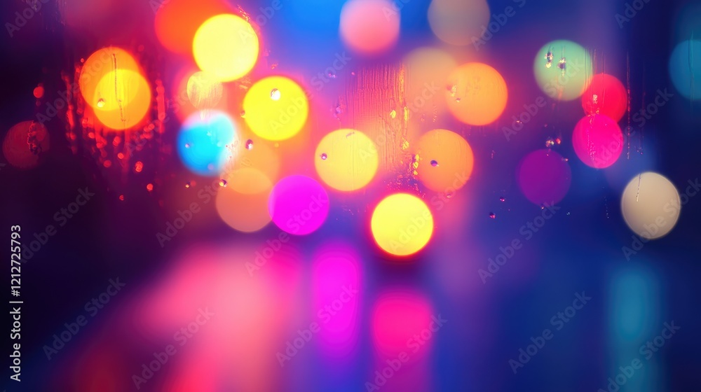 Poster colorful blurred lights background with neon hues and rain droplets for abstract design and artistic