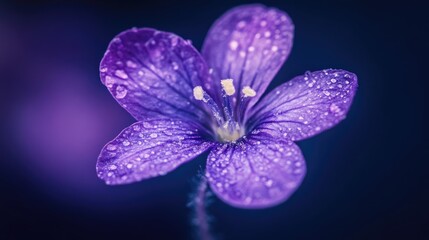 Obraz premium Macro shot of violet flower with droplets against a dark background showcasing intricate details and vibrant colors.