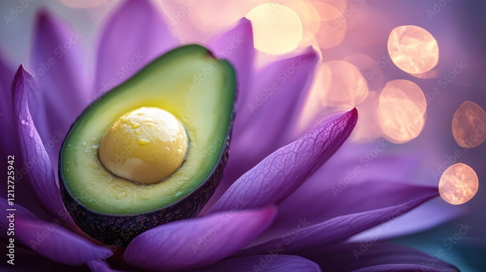 Poster Fresh green avocado sliced in half resting on a blooming purple lotus flower with a soft illuminated bokeh background in warm tones.