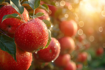 Obraz premium Bright Red Apples Glisten in a Warm Afternoon Orchard
