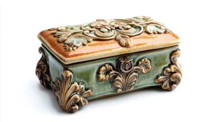 Elegant vintage ceramic jewelry box with intricate floral design and ornate details on a pristine white background
