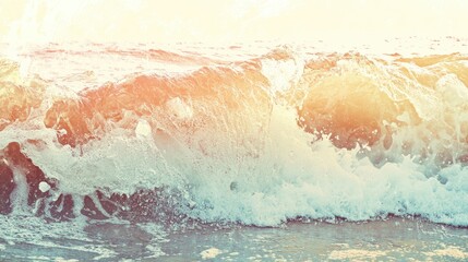 Fototapeta premium Vintage hipster style image of waves crashing on sandy tropical beach during sunset with retro color filter and soft focus effect