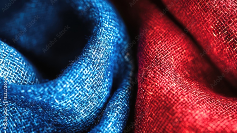 Poster close-up view of vibrant red and blue textured textiles intertwined, showcasing intricate fibers and