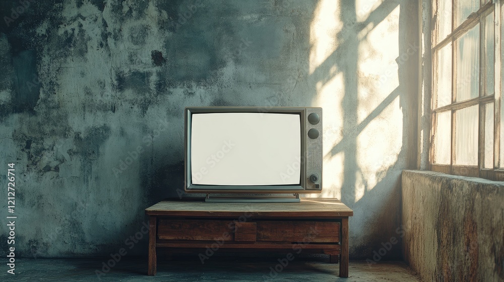 Aufkleber retro television on wooden table with blank screen illuminated by natural sunlight through window ag