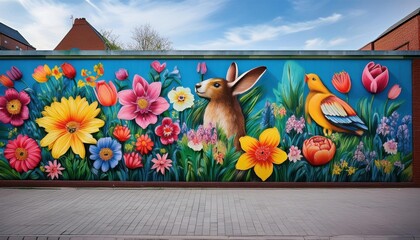 A colorful mural blooms with flowers, depicting a rabbit and a bird enjoying spring's essence.