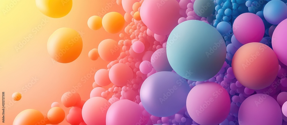 Poster Vibrant rainbow colored balloons in a soft lit gradient background with warm tones and ample empty space for creative text placement.