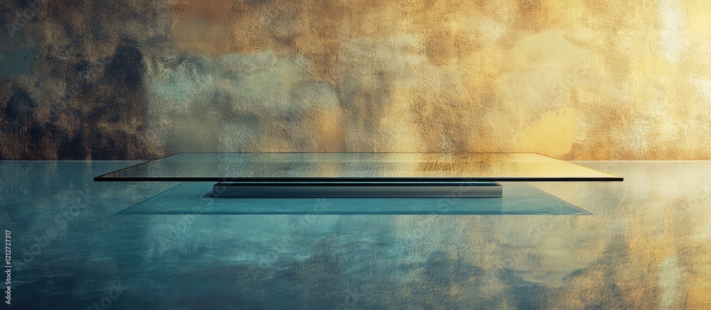Leinwandbilder Striking optical illusion with unique glass table reflection against a textured wall creating captivating visual art and depth effects