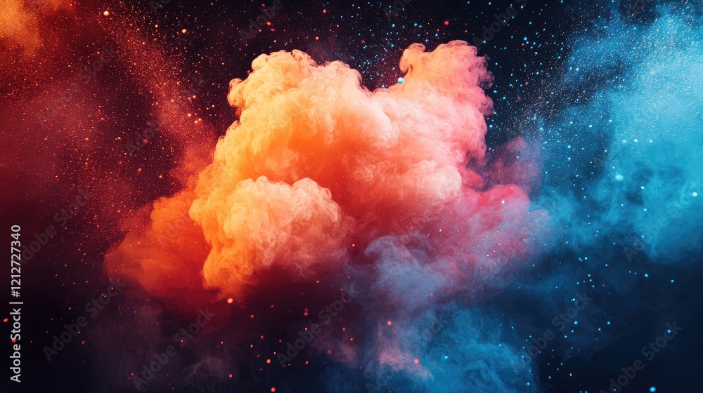 Poster Dynamic abstract explosion background with vibrant colors and swirling clouds of smoke in a cosmic atmosphere