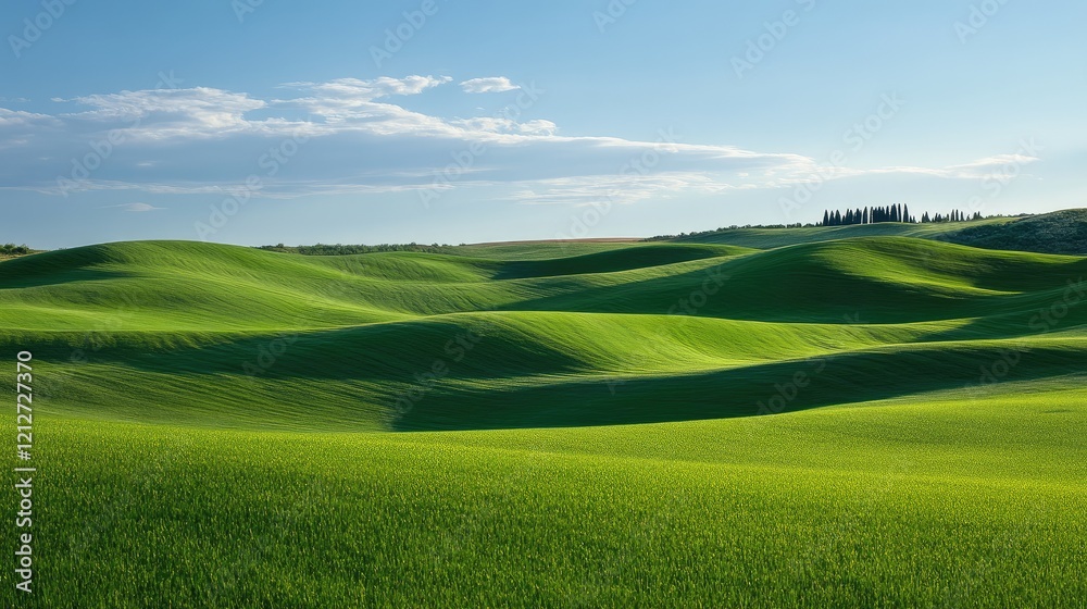 Poster lush green rolling hills under a clear blue sky with soft clouds creating a serene and tranquil land