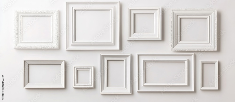 Poster collection of white wooden frames in various sizes on a minimalist white background ideal for displa