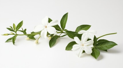 Catharanthus roseus tapak dara flowering shrub with white blossoms and green leaves arranged elegantly on a neutral background