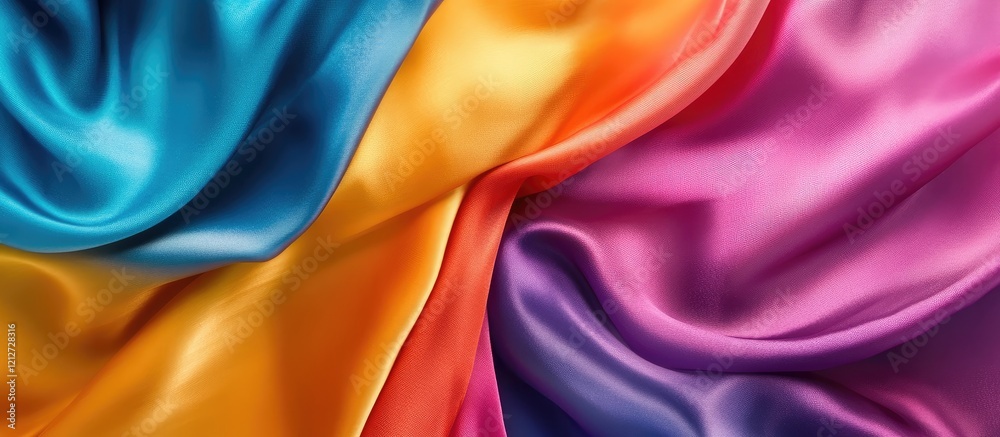 Poster Vibrant Multicolored Silk Fabric Texture with Rich Blues Oranges and Pinks Flowing Silky Background Ideal for Text Overlay and Design Use