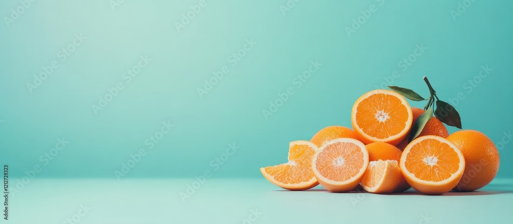 Poster vibrant assortment of fresh oranges and sliced segments in rich orange hues on a cool teal backgroun