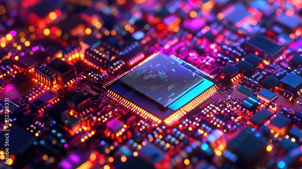Poster vibrant colorful microchips with glowing circuitry showcasing advanced technology and electronic inn