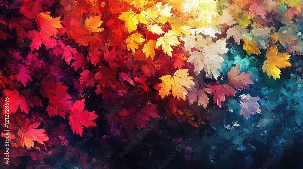 Poster vibrant multicolored autumn foliage with soft natural illumination showcasing rich reds yellows and 