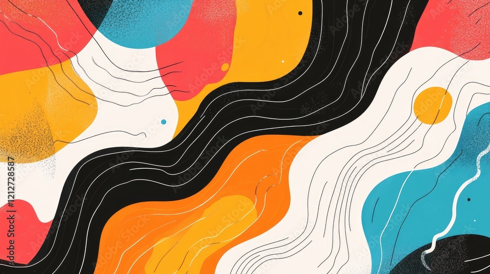 Poster Dynamic abstract composition featuring colorful shapes and flowing lines, perfect for backgrounds or textured design overlays.