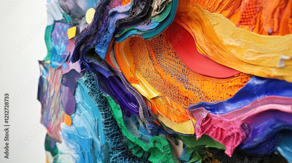 Poster Vibrant abstract artwork showcasing recycled materials with intricate textures and dynamic colorful patterns for eco-friendly design aesthetics