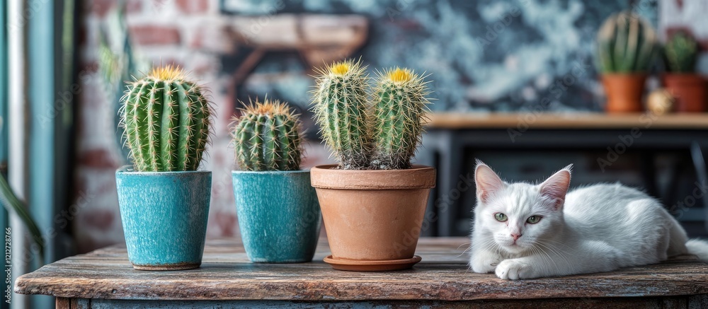 Poster vibrant cacti and a playful cat on a rustic table in a stylish industrial room with a bright backgro