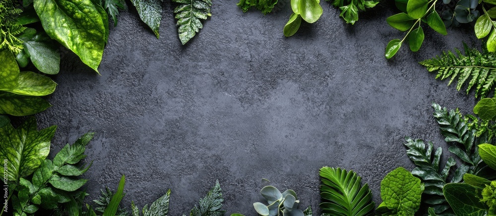 Poster Vibrant collection of fresh green leafy vegetables arranged artistically on a textured dark grey backdrop with ample space for text insertion.
