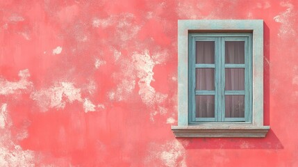 Vintage window framed in teal against a weathered red cement wall showcasing rustic charm and vibrant color contrast.