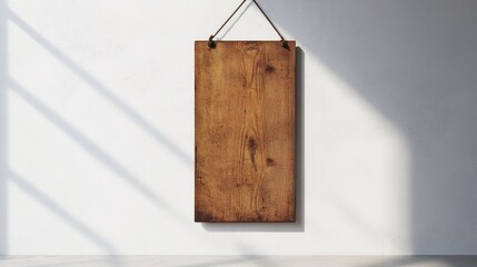 Rustic vertical wooden signboard hanging against a minimalist white wall with natural light creating shadows for a warm aesthetic backdrop