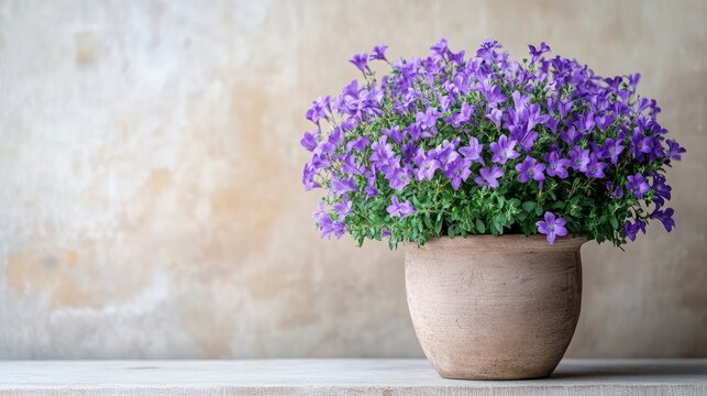 Violet campanula flowers in clay pot beautifully arranged on shelf against textured wall for elegant home decor and interior design inspiration