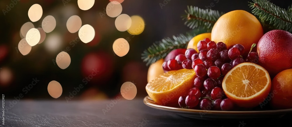 Poster Colorful assortment of fresh fruits including oranges grapes and apples on dark wooden table with warm bokeh lights in background and blank space for text