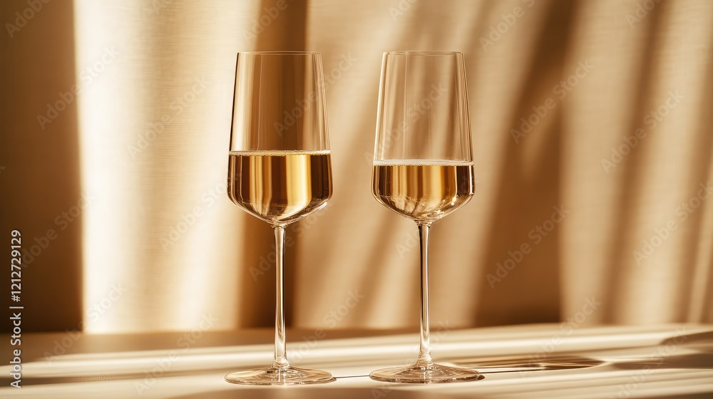 Poster elegant champagne glasses with golden bubbles on a smooth surface, bathed in warm light, creating an