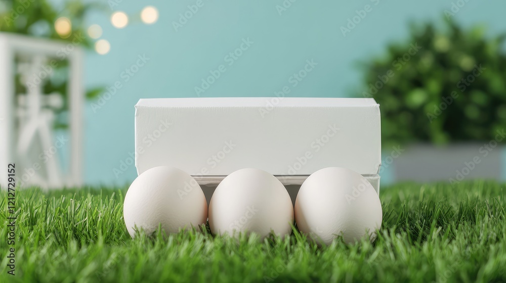 Poster fresh chicken eggs in white carton box on green grass with soft blue background and blurred greenery
