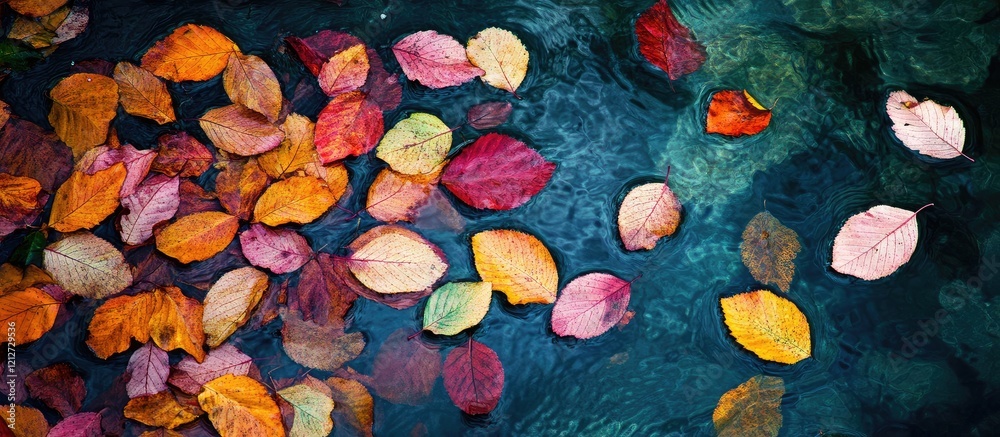 Poster colorful autumn leaves floating on tranquil dark water surface with ample empty space for creative t