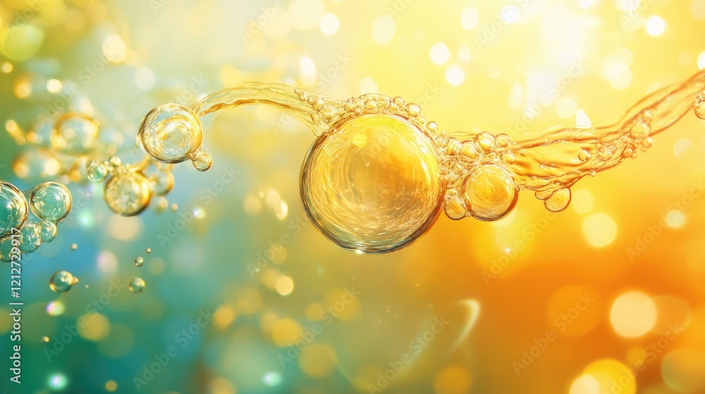 Fototapete Colorful abstract background featuring translucent bubbles and swirls illuminated by warm golden light and a soft gradient backdrop.