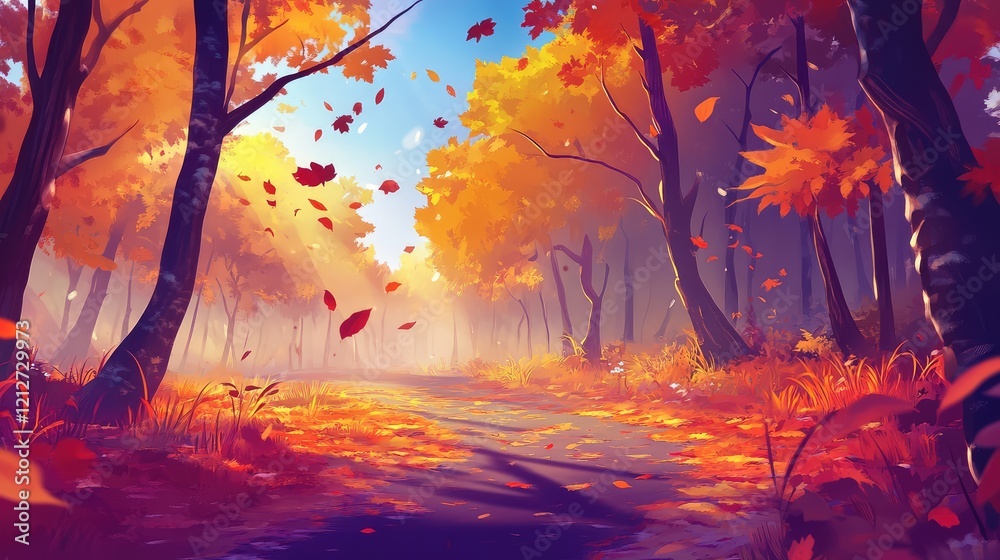 Poster vibrant autumn forest scene featuring colorful foliage and falling leaves under a bright blue sky wi