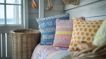 Colorful beach hut interior showcasing wicker baskets and patterned cushions in coastal decor with soft natural lighting by the ocean.