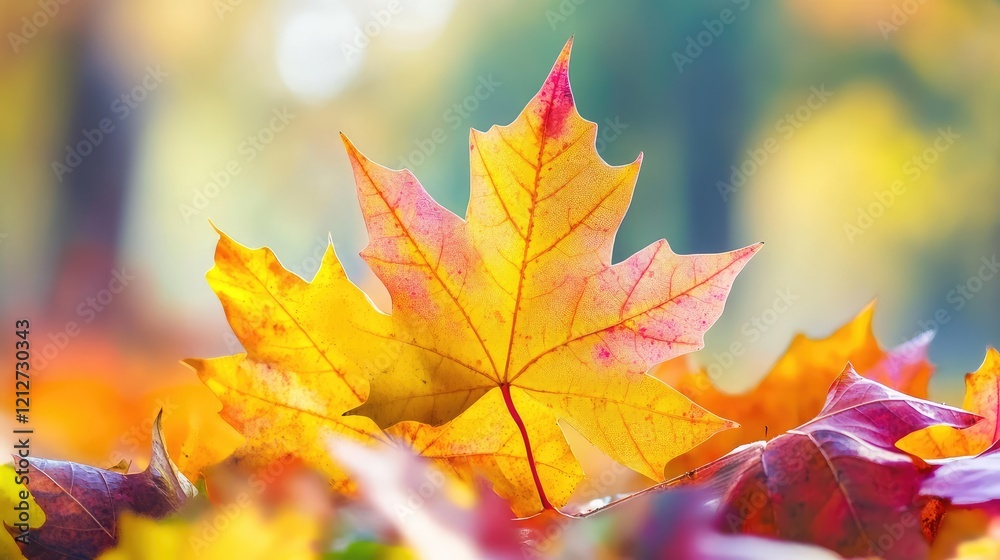Aufkleber close-up of vibrant yellow and red autumn leaves on soft-focused background in nature's colorful fal