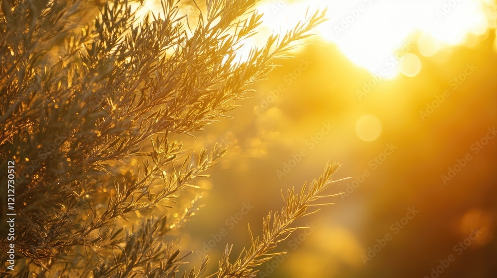 Poster cypress tree branches illuminated by warm golden light at sunset creating a serene rural background 