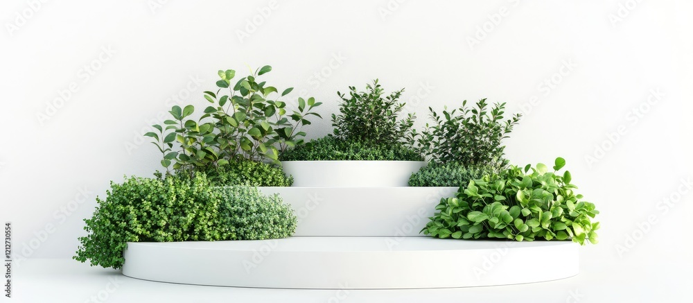 Poster vertical white podium displaying lush green plants against a clean white background with ample negat