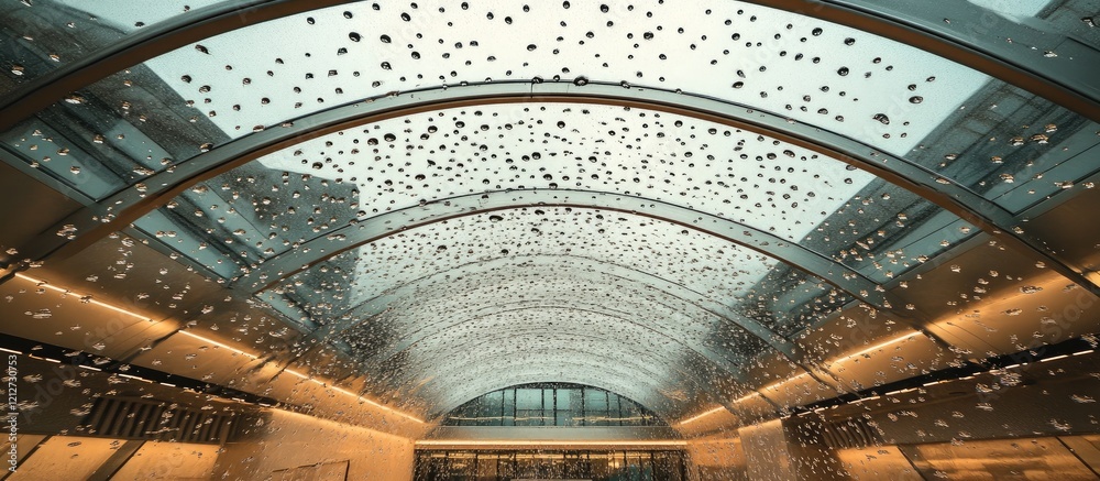 Poster elegant glass ceiling adorned with raindrops showcasing stunning reflections and illumination in a m