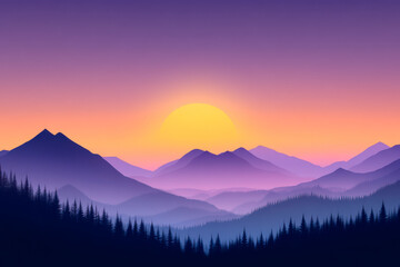 A serene mountain landscape at sunset, featuring layered hills and a vibrant purple and orange sky.