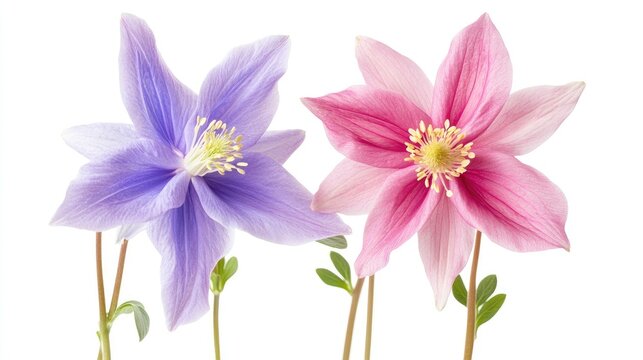 Columbine flowers in violet and pink hues gracefully displayed against a clean white background showcasing nature's delicate beauty