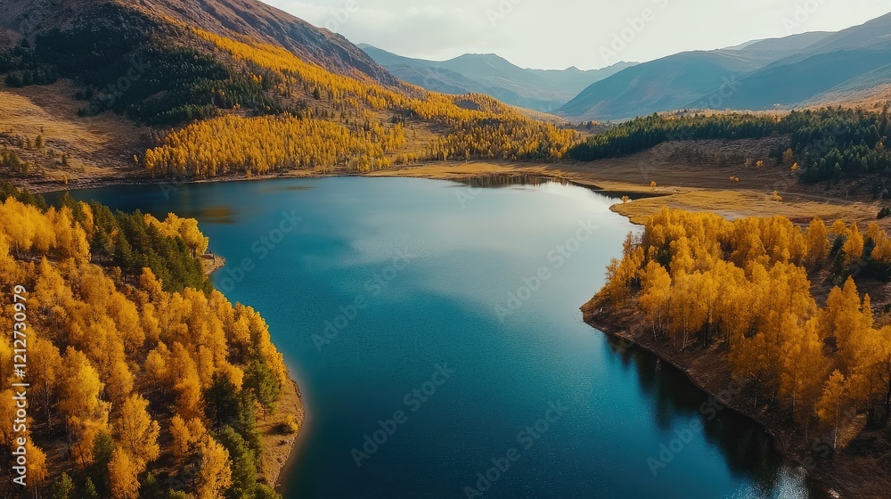 Poster aerial view of autumn landscape featuring yellow trees surrounding a serene blue lake and mountains 