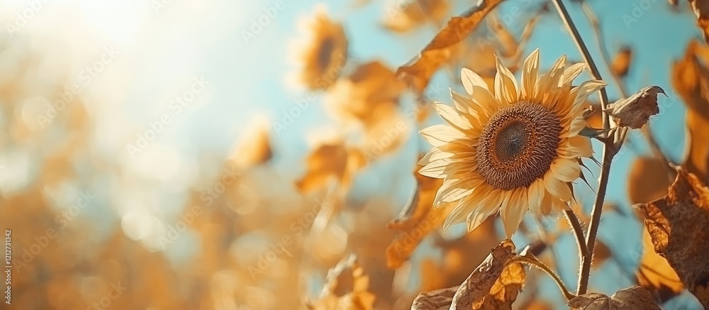 Aufkleber delicate golden sunflowers and autumn leaves against a blurred blue sky creating a vintage fall back